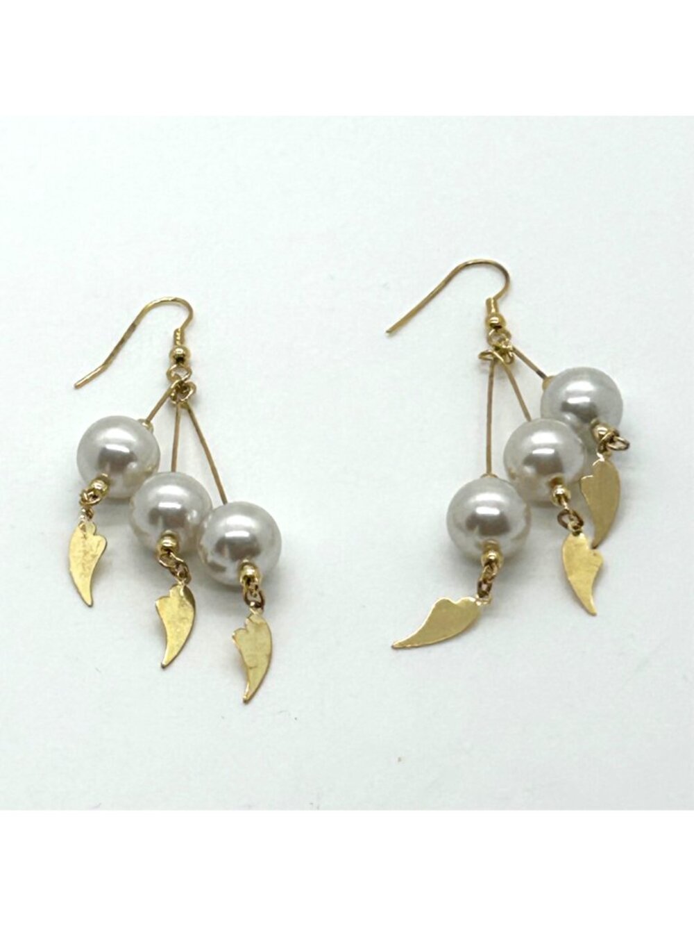 Vintage Gold--tone Faux Pearl Dangle Earrings With Leaf Charms Statement 3.25 in - Picture 2 of 14
